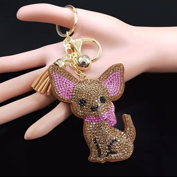 NEW! Crystal Rhinestone Chihuahua Keychain/Purse🎒👜 Charm ~ 🐾🎁🐕 Dog Pet Paw - Picture 4 of 6